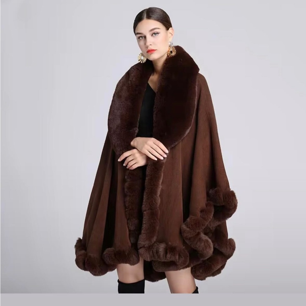 Elegant Brown Faux Fur Trim cardigan